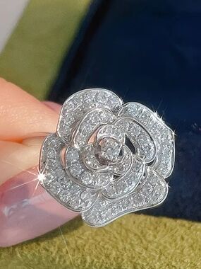 White Rhodium Camellia Ring